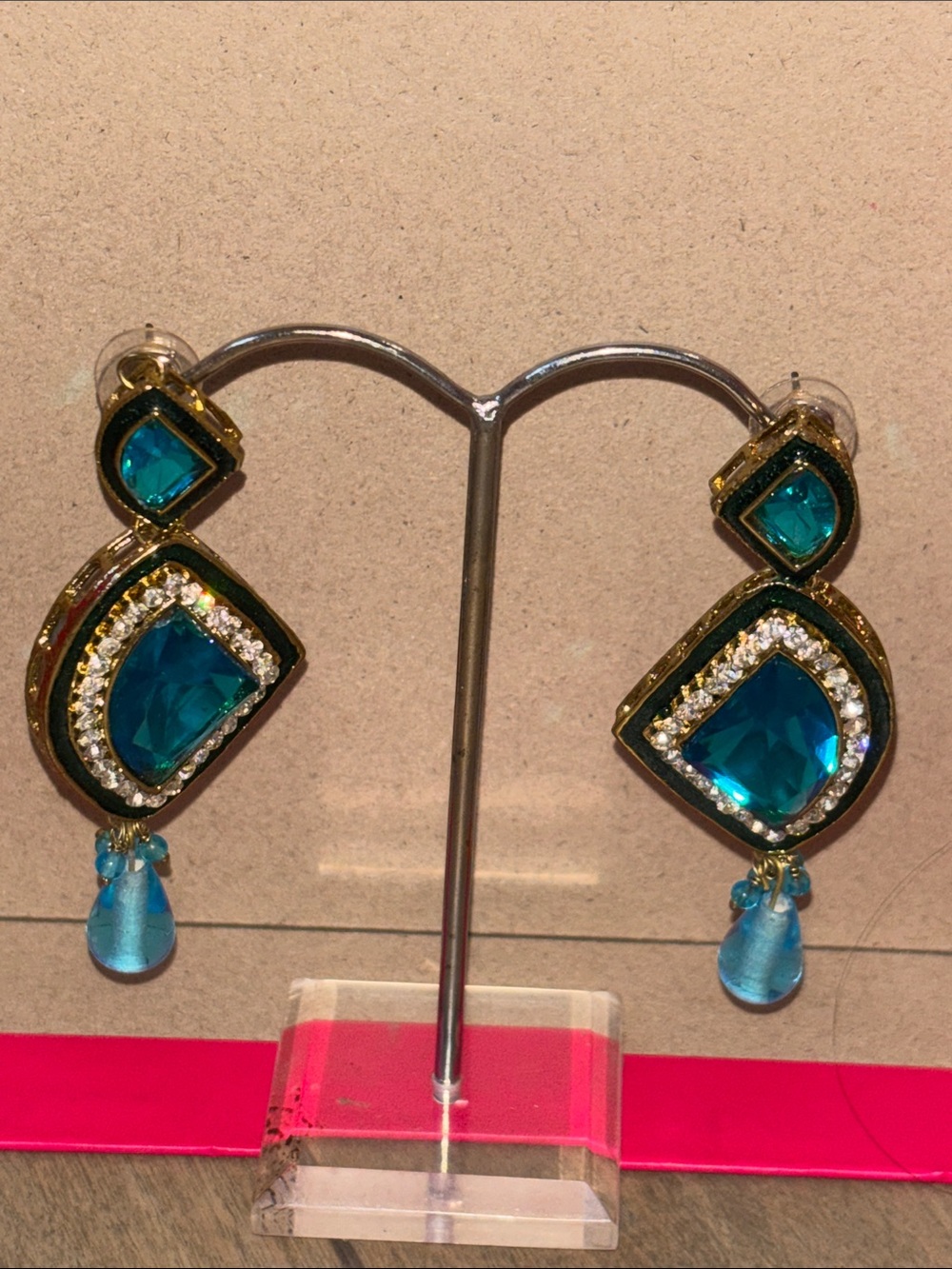 Gold-Tone Teal Crystal Drop Earrings - Teal
